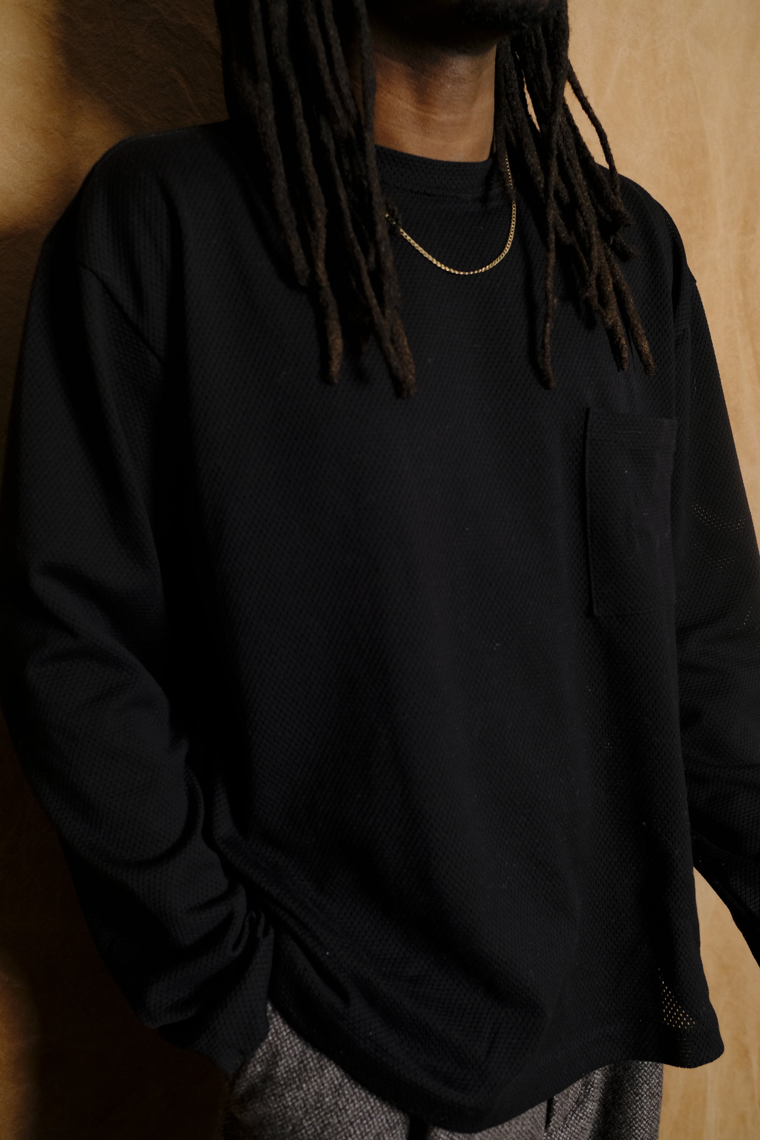 Preemo LS Box Tee in Black Mesh Cotton