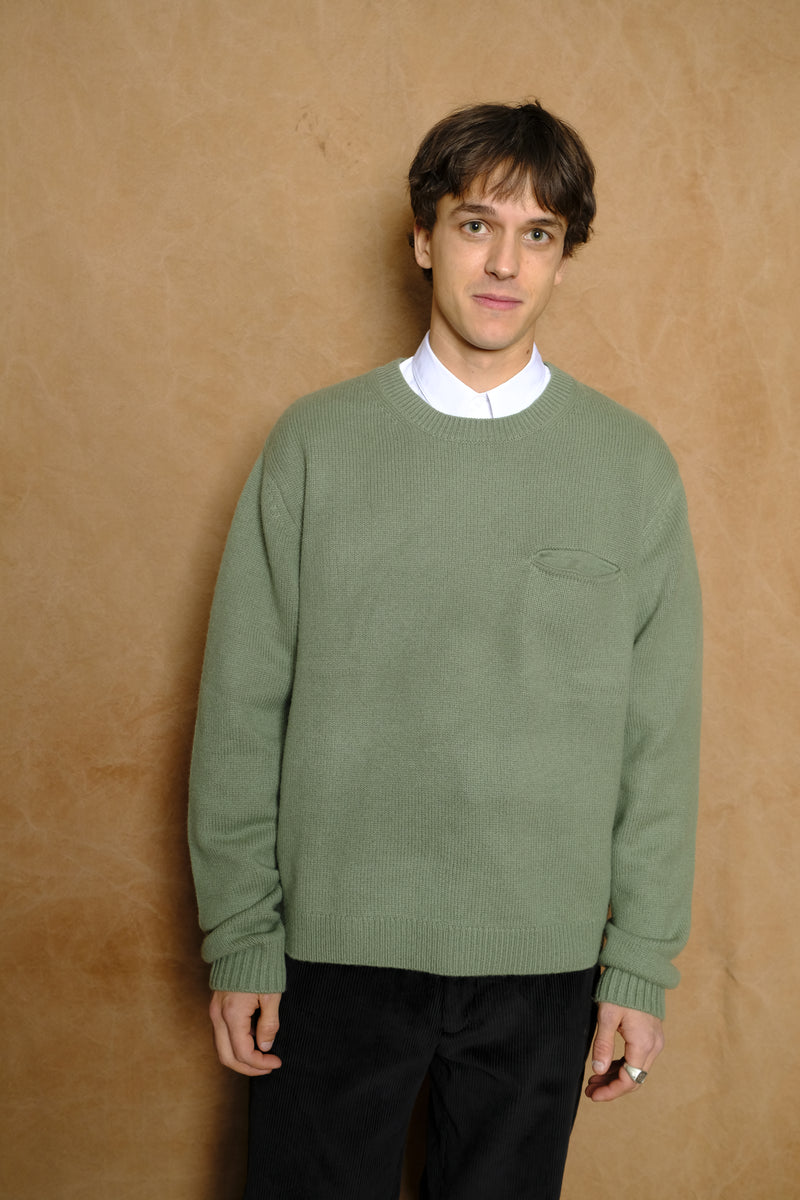 Cashmere Slit Pocket Crew in Thistle Green