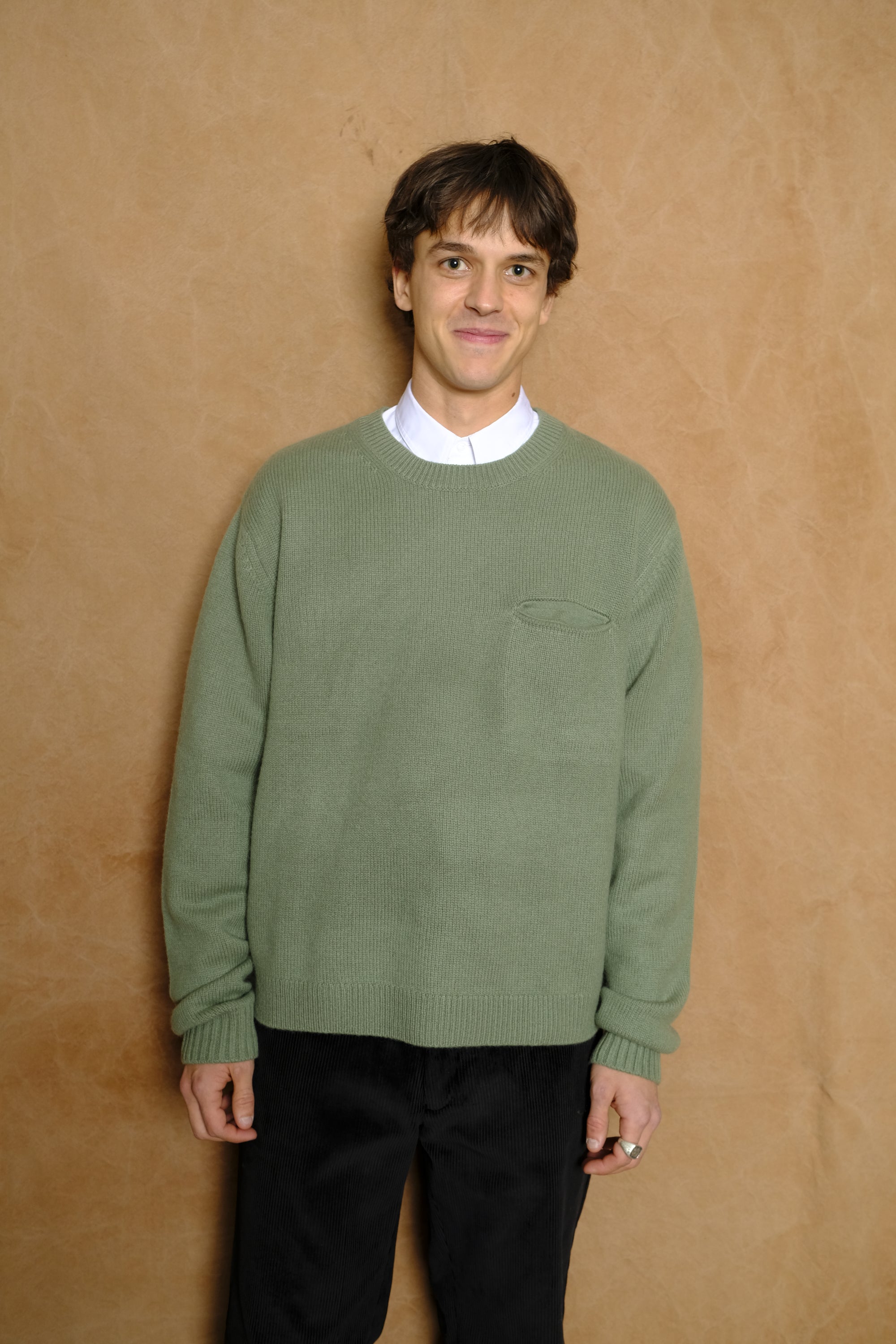 Cashmere Slit Pocket Crew in Thistle Green