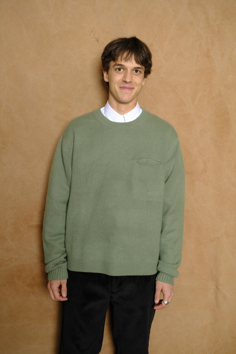 Cashmere Slit Pocket Crew in Thistle Green