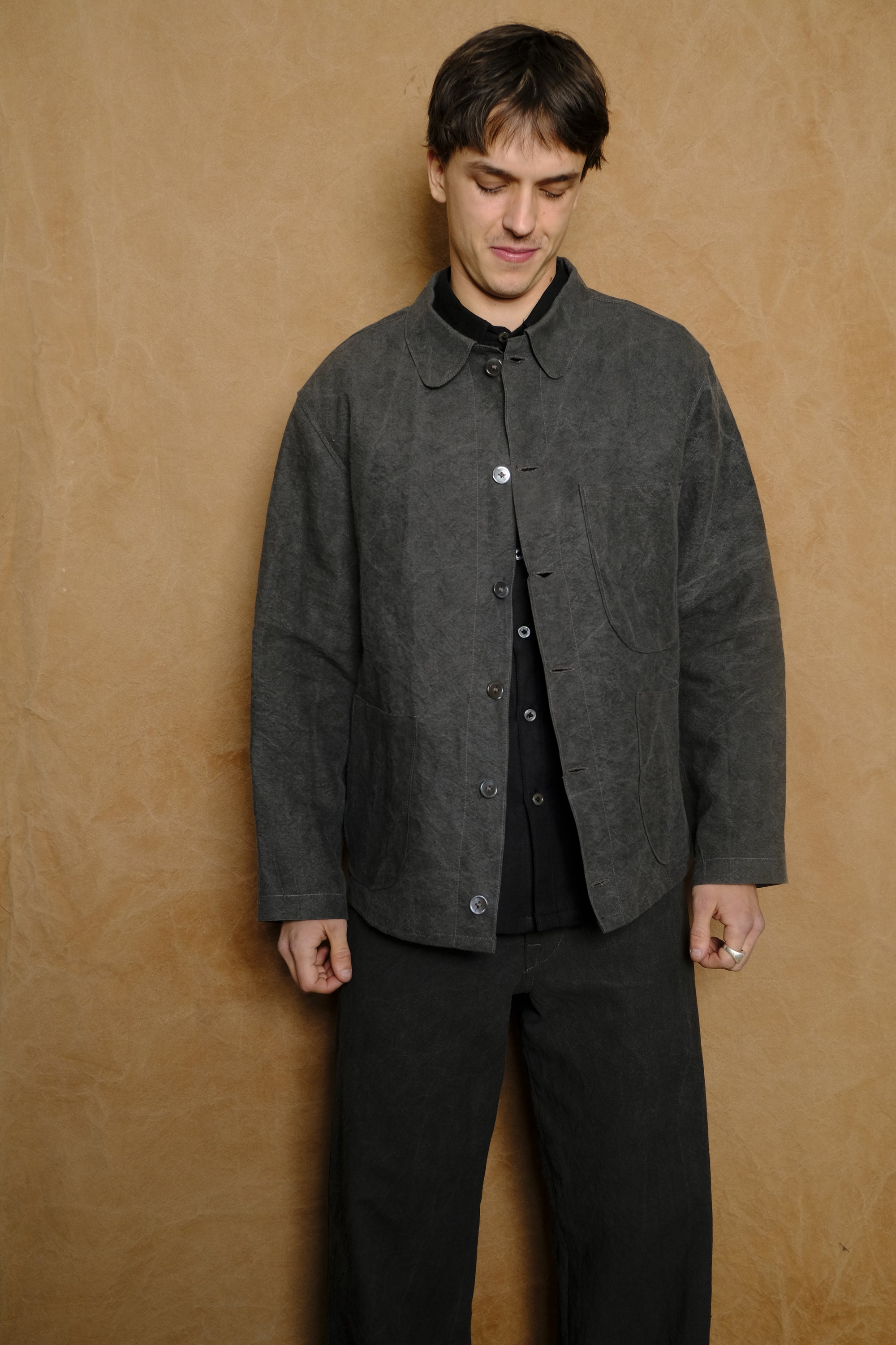 light chore coat in binchotan charcoal dyed linen & washi paper