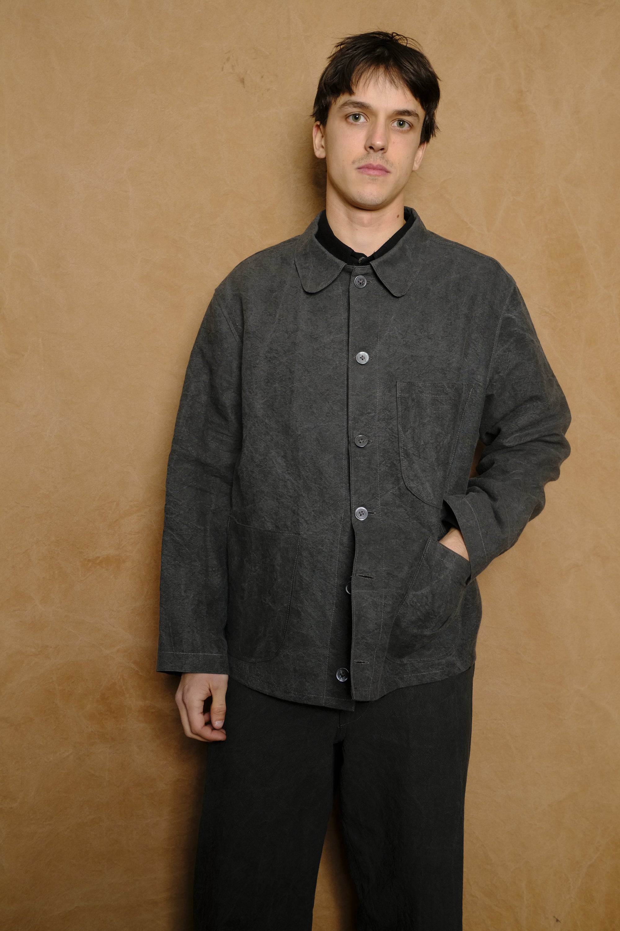 light chore coat in binchotan charcoal dyed linen & washi paper