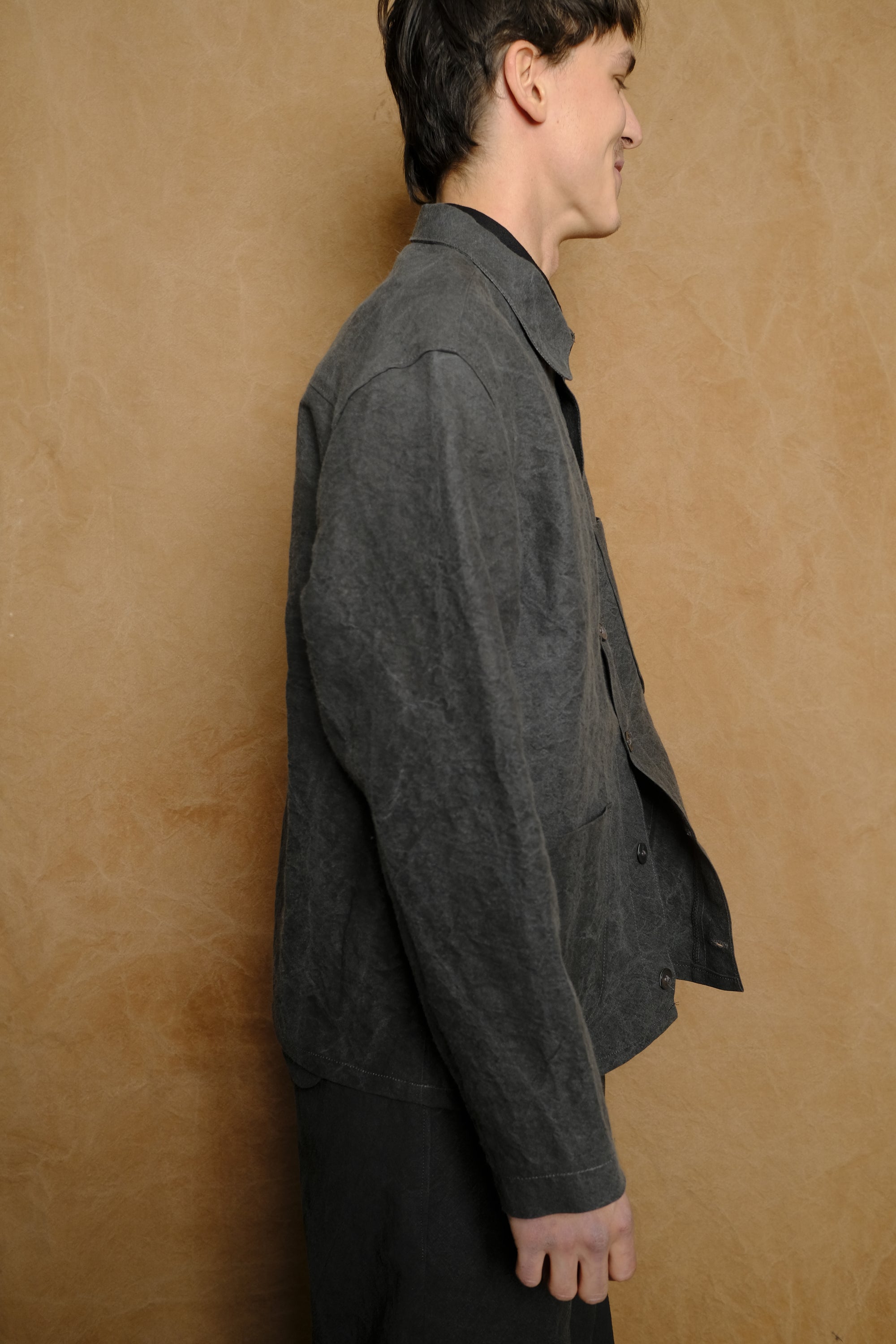 light chore coat in binchotan charcoal dyed linen & washi paper