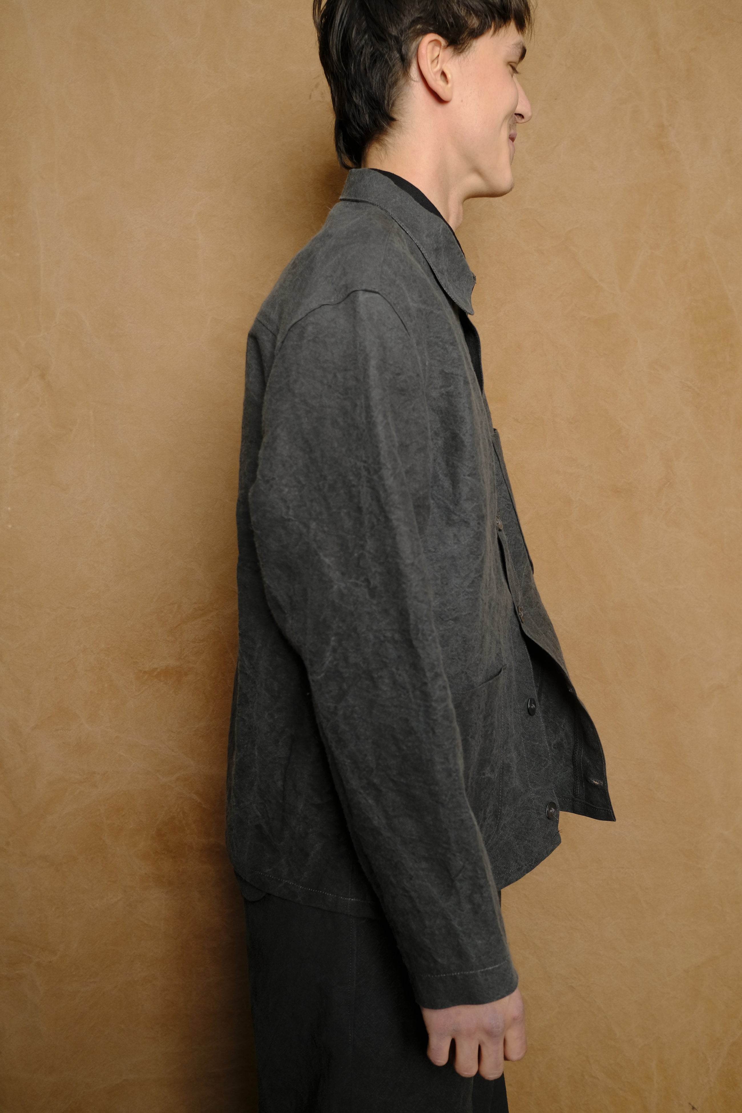 light chore coat in binchotan charcoal dyed linen & washi paper