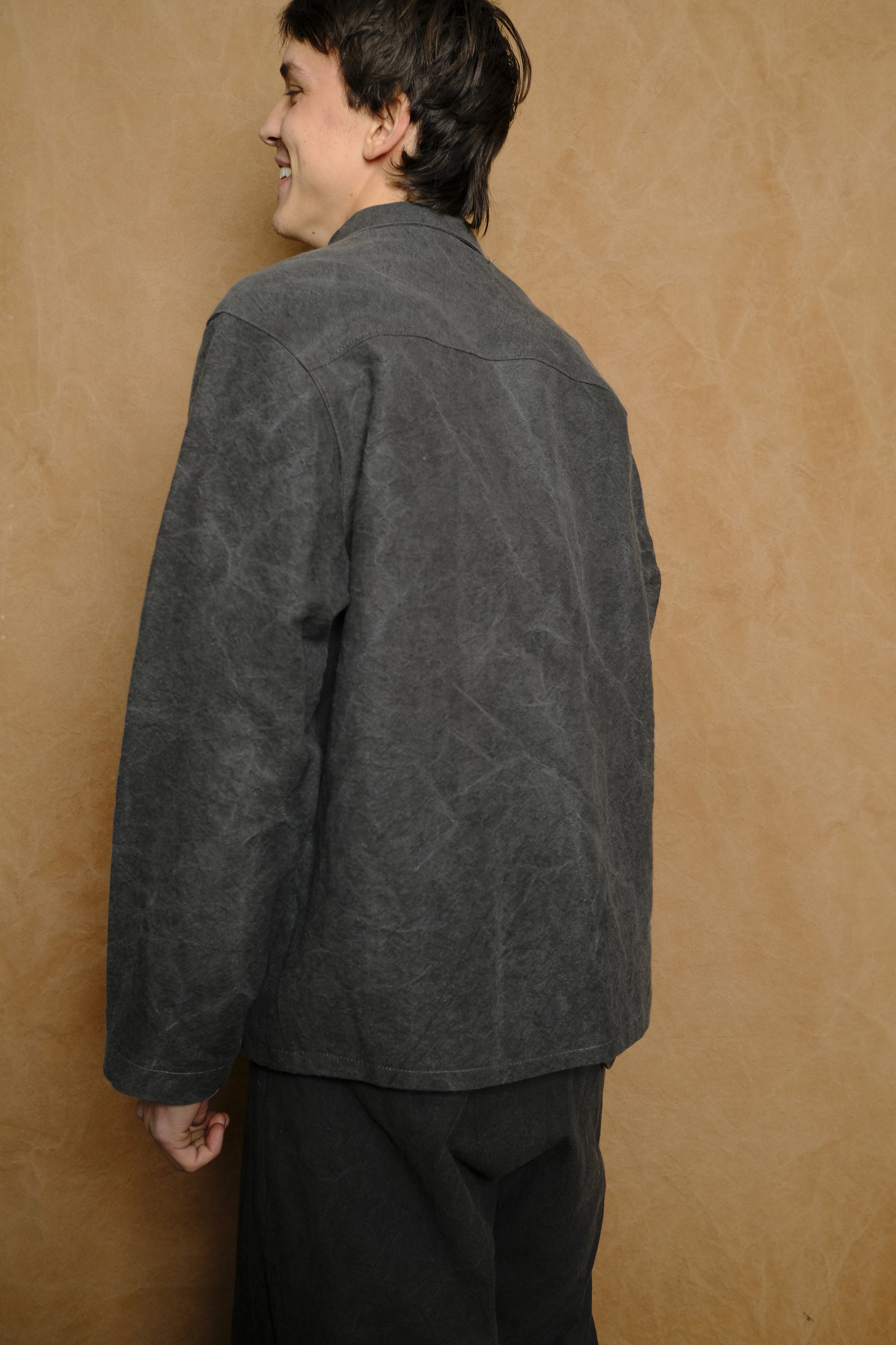 light chore coat in binchotan charcoal dyed linen & washi paper