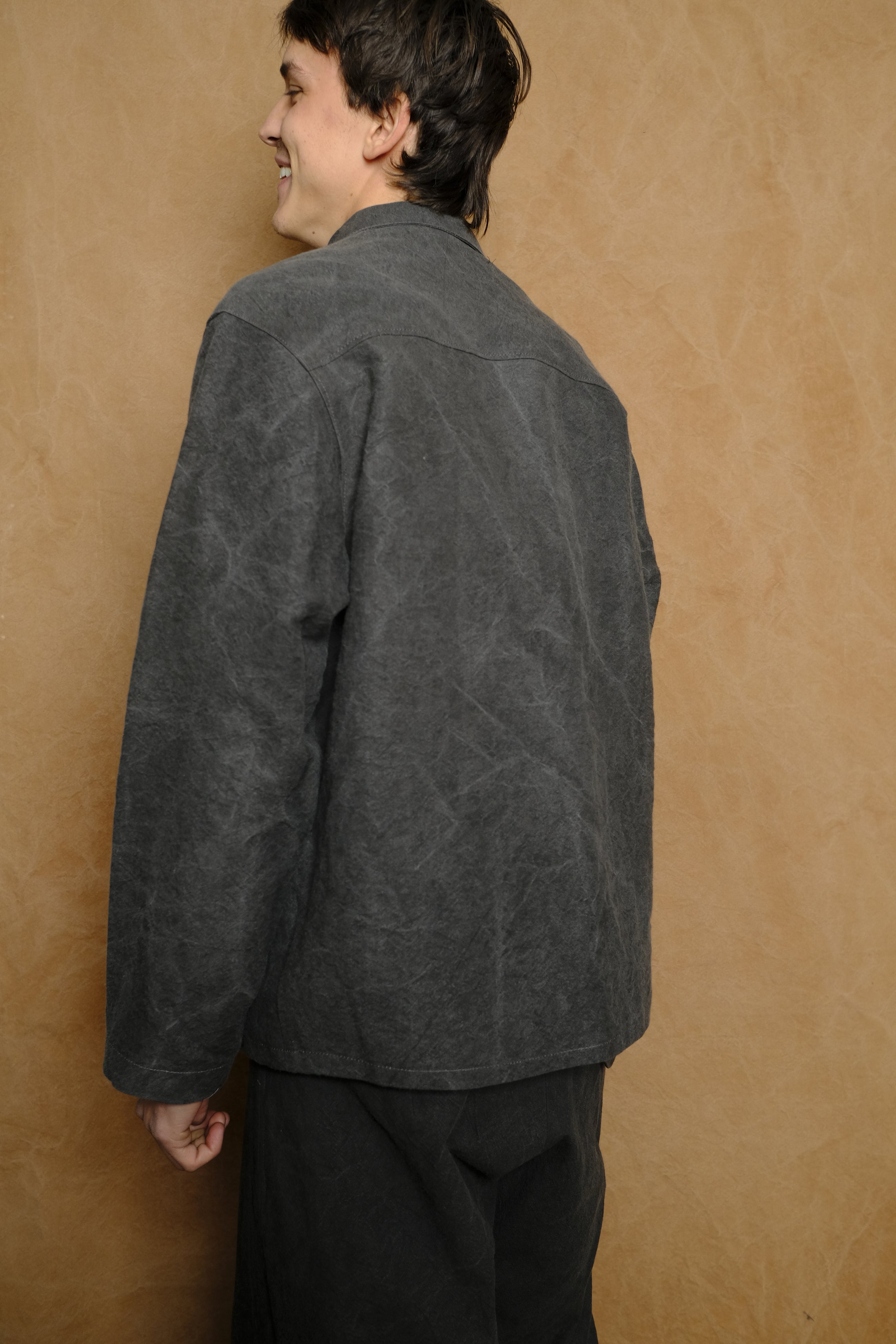 light chore coat in binchotan charcoal dyed linen & washi paper