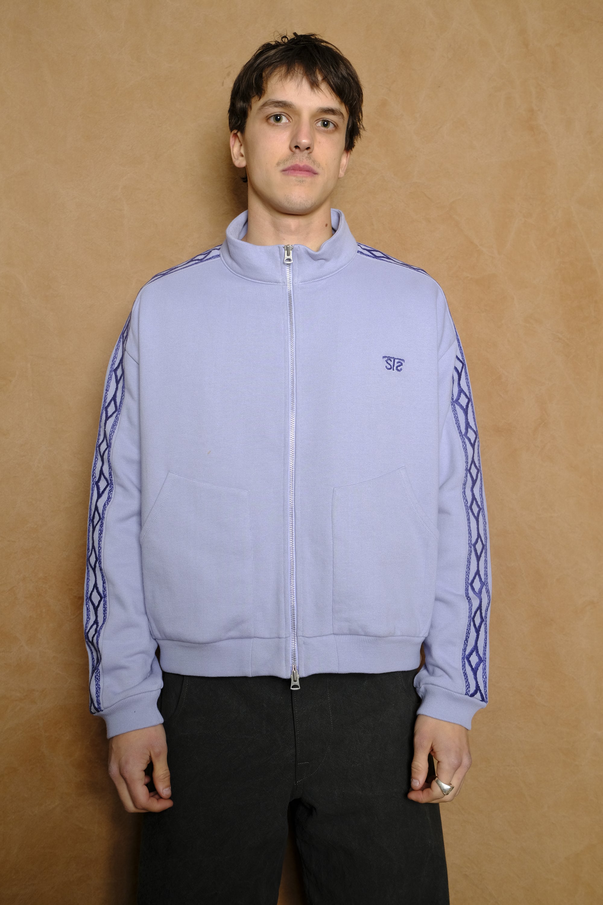 hand embroidered track jacket in light blue