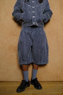 box pleat shorts in indigo needle punch denim