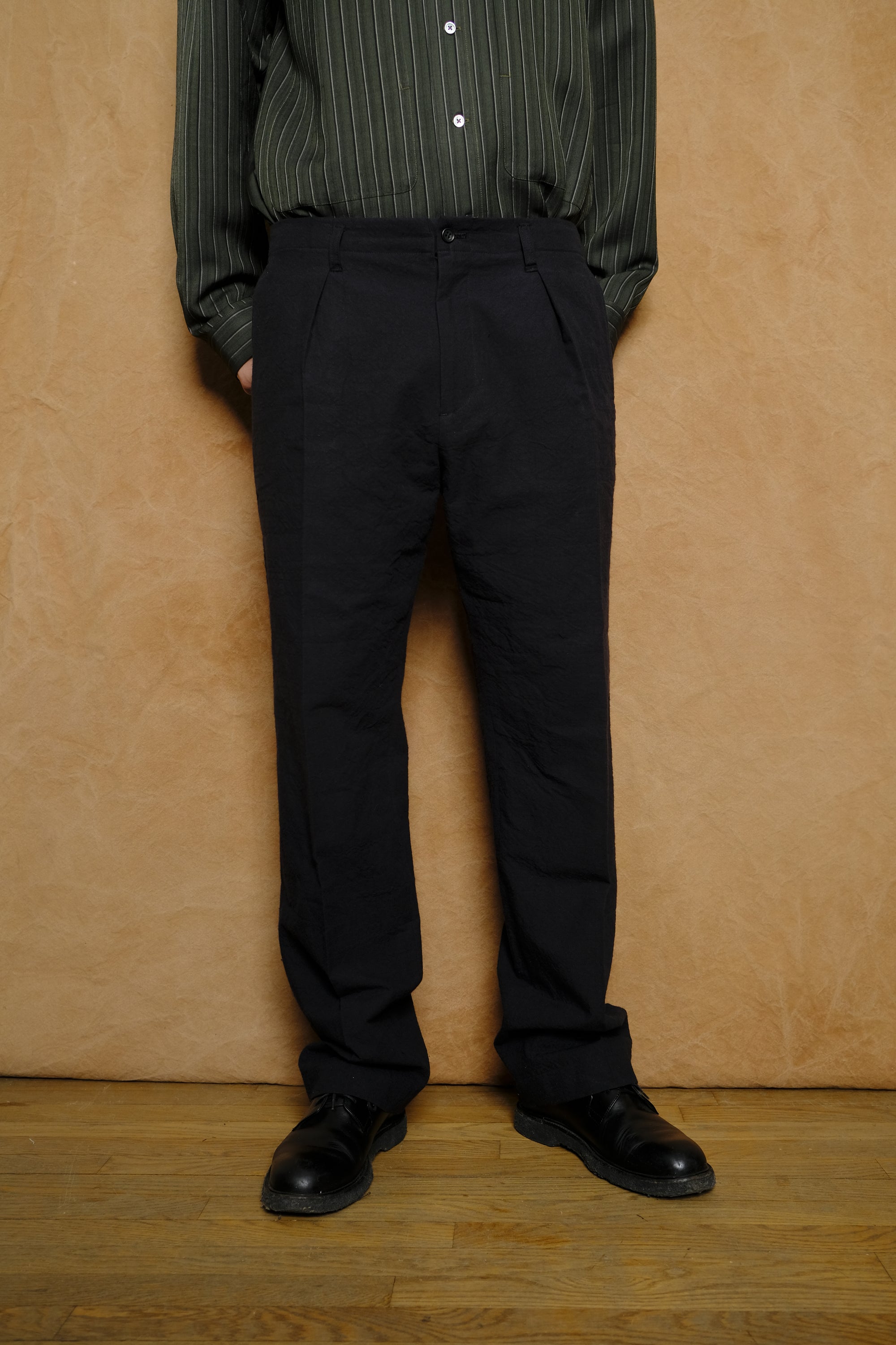 black dress pants brown belt tuck suit pants c in Black cotton chambray 1