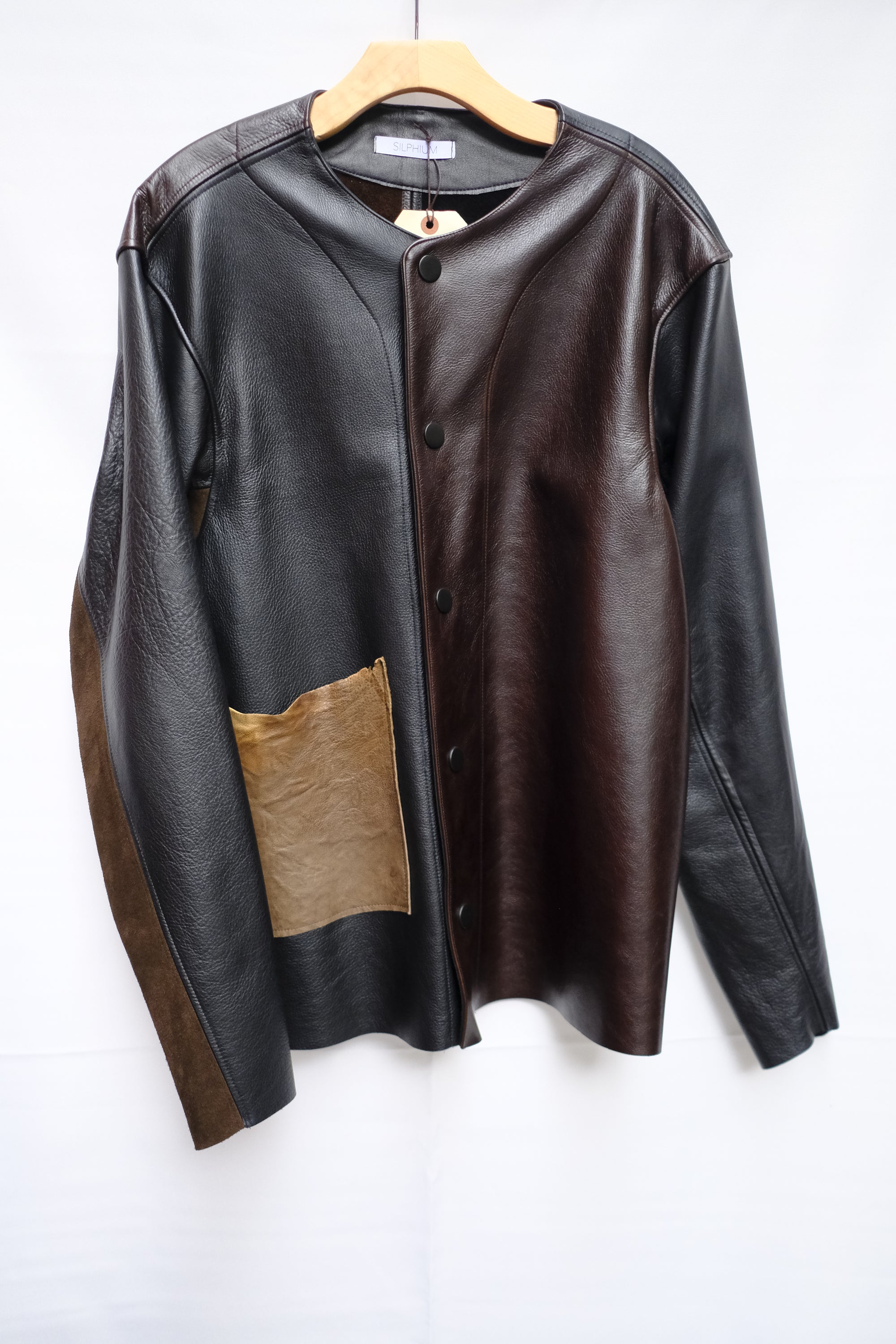 raw edge leather patchwork bomber - size large