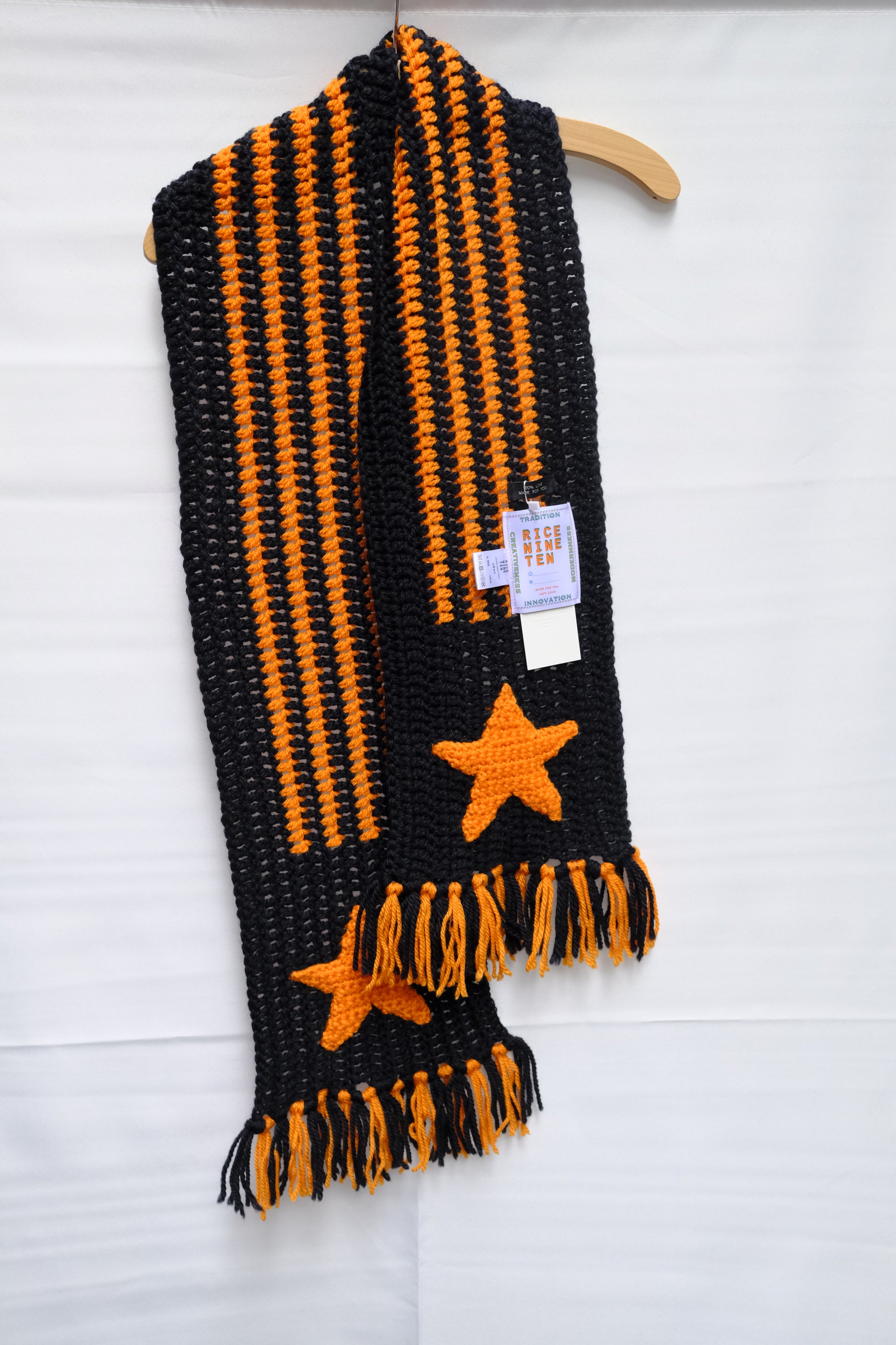 black / orange hand knit scarf