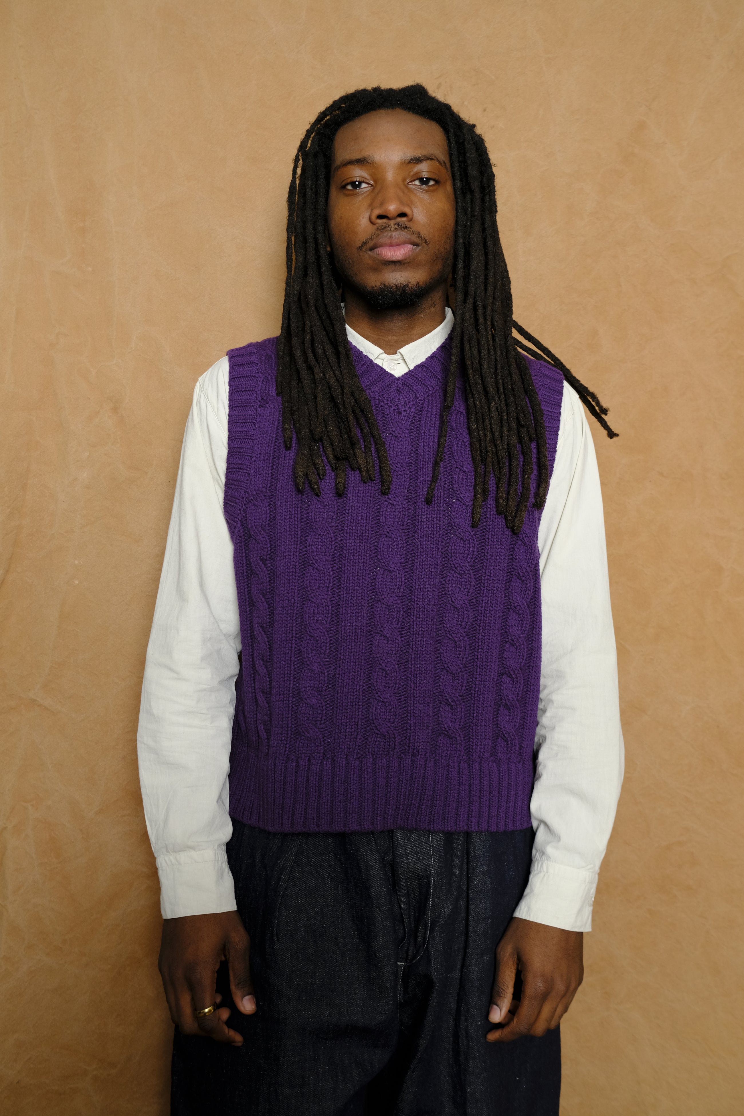 cable knit short vest in dark purple