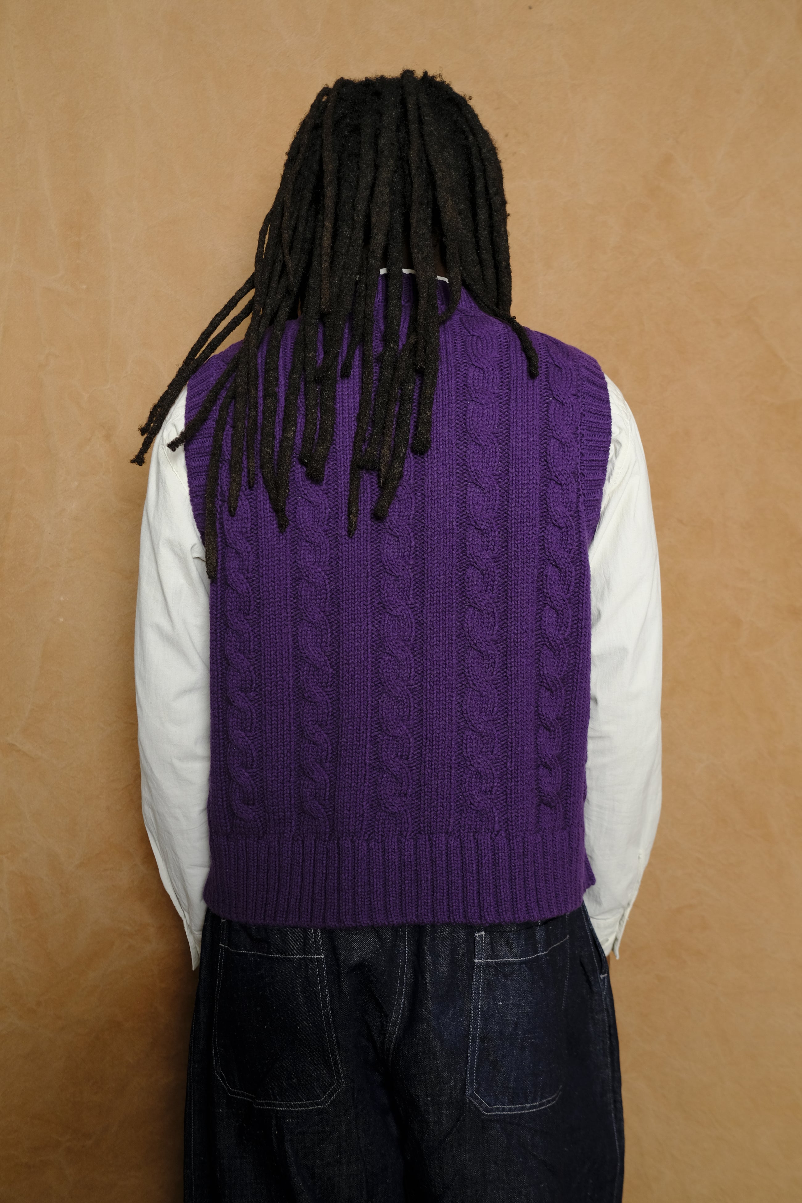 cable knit short vest in dark purple