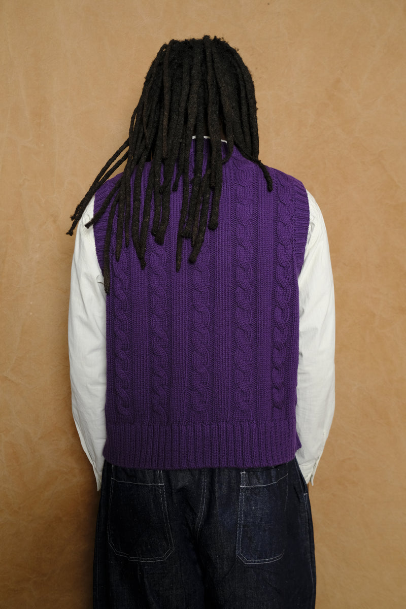 cable knit short vest in dark purple