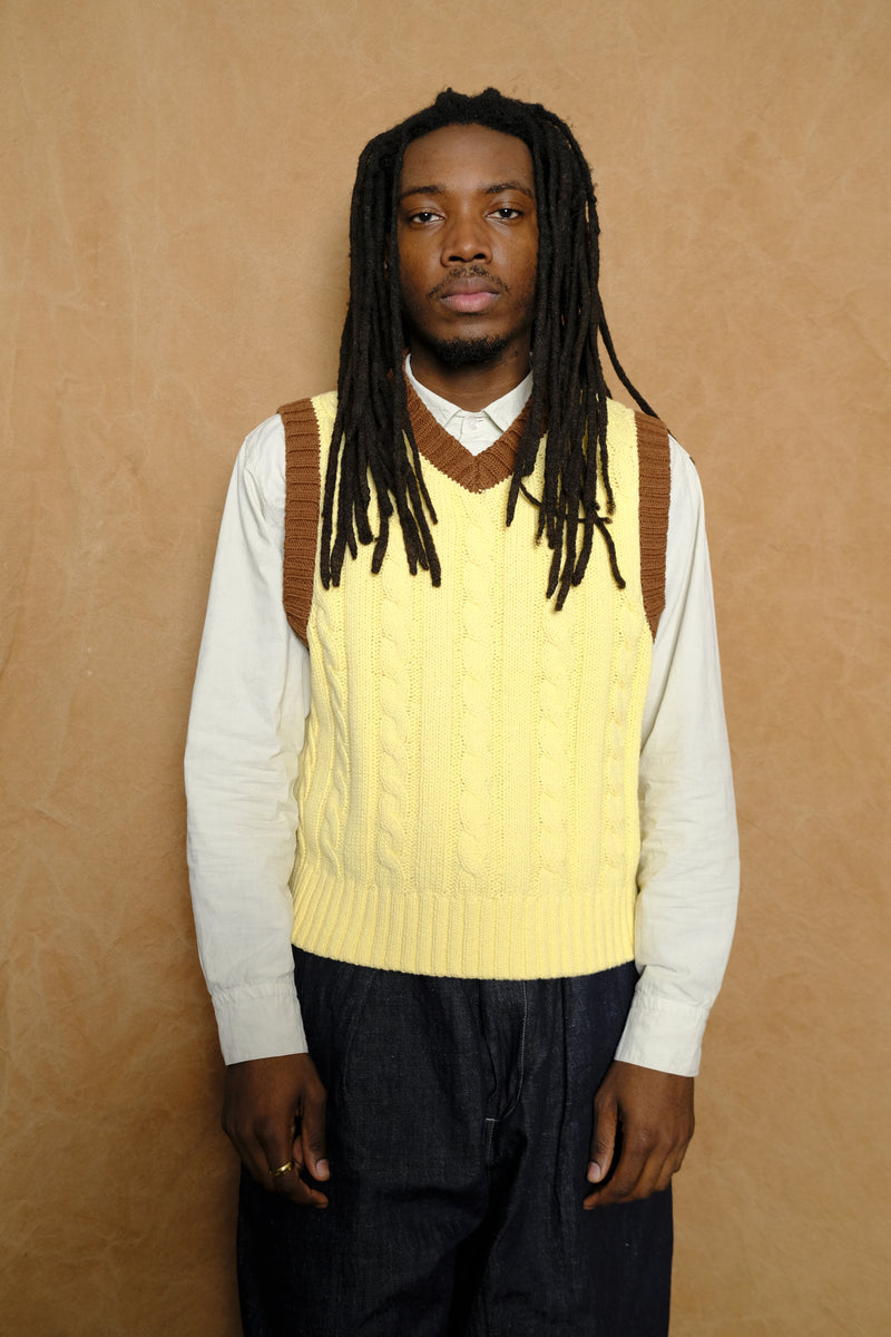 cable knit ringer vest in light yellow