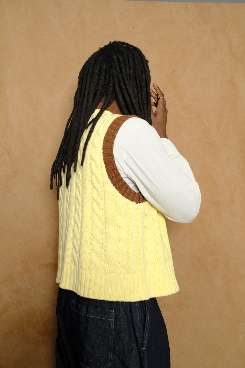 cable knit ringer vest in light yellow