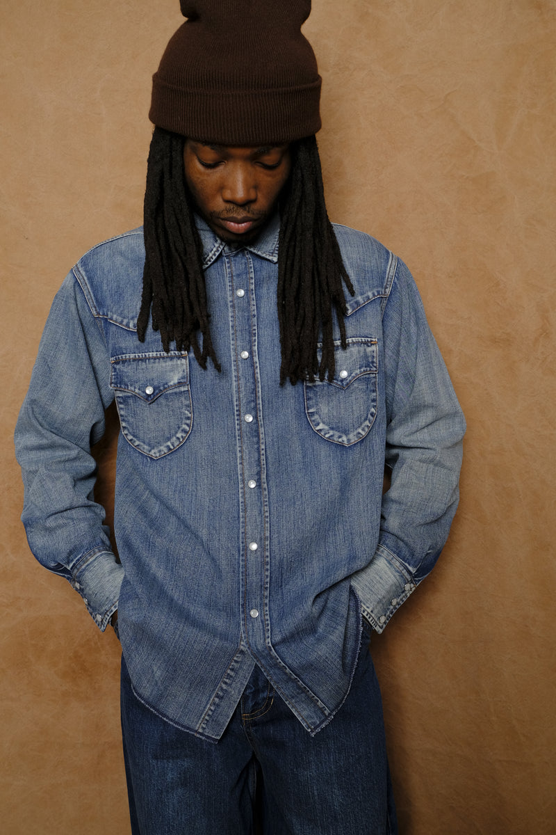 denim western shirt in mid indigo wash