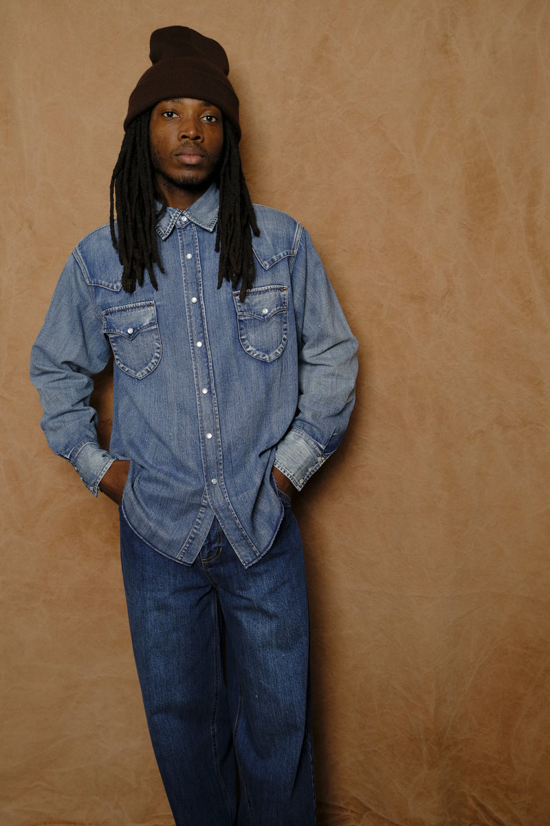 denim western shirt in mid indigo wash