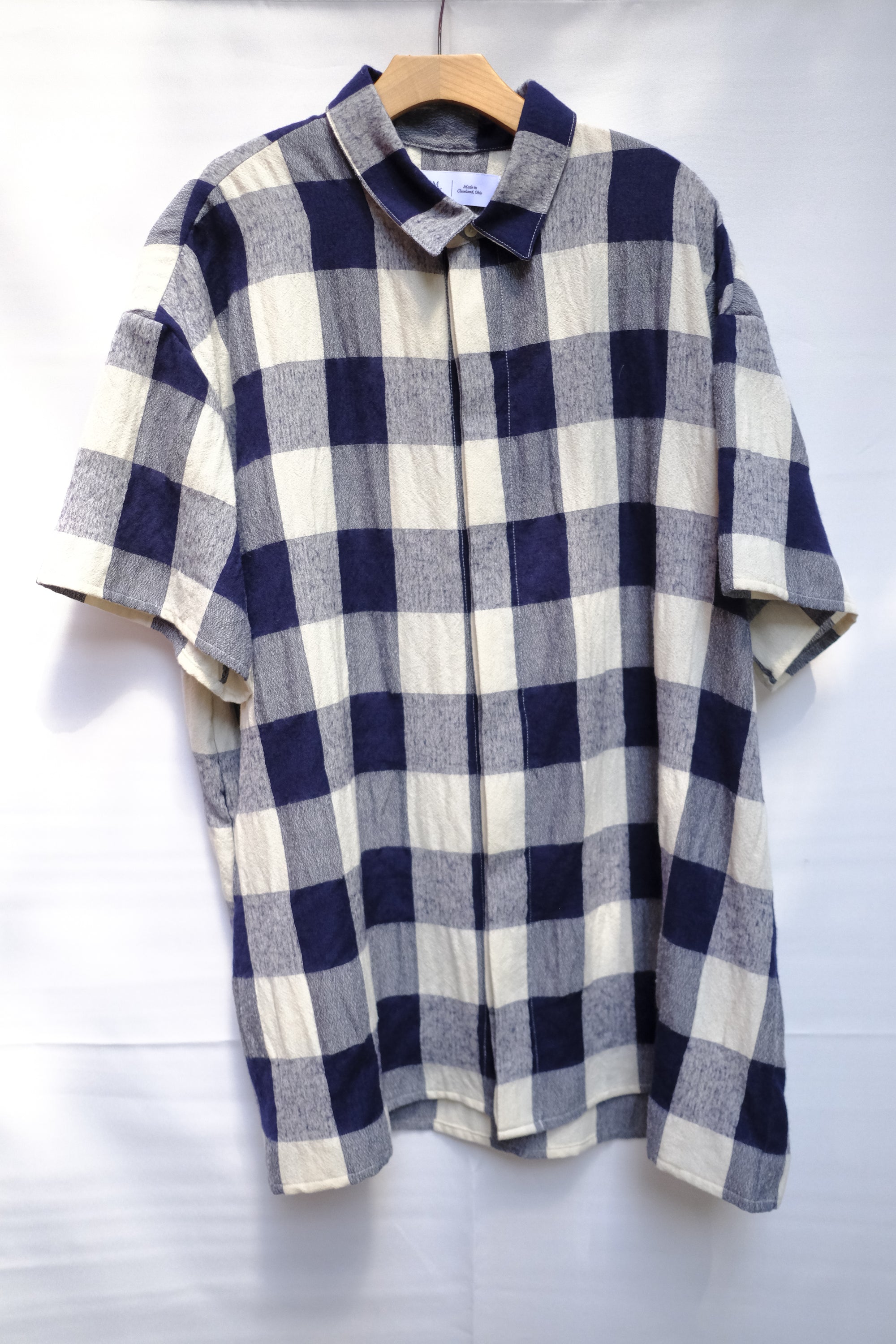 short sleeve cafe shirt - navy and white wool linen gauze