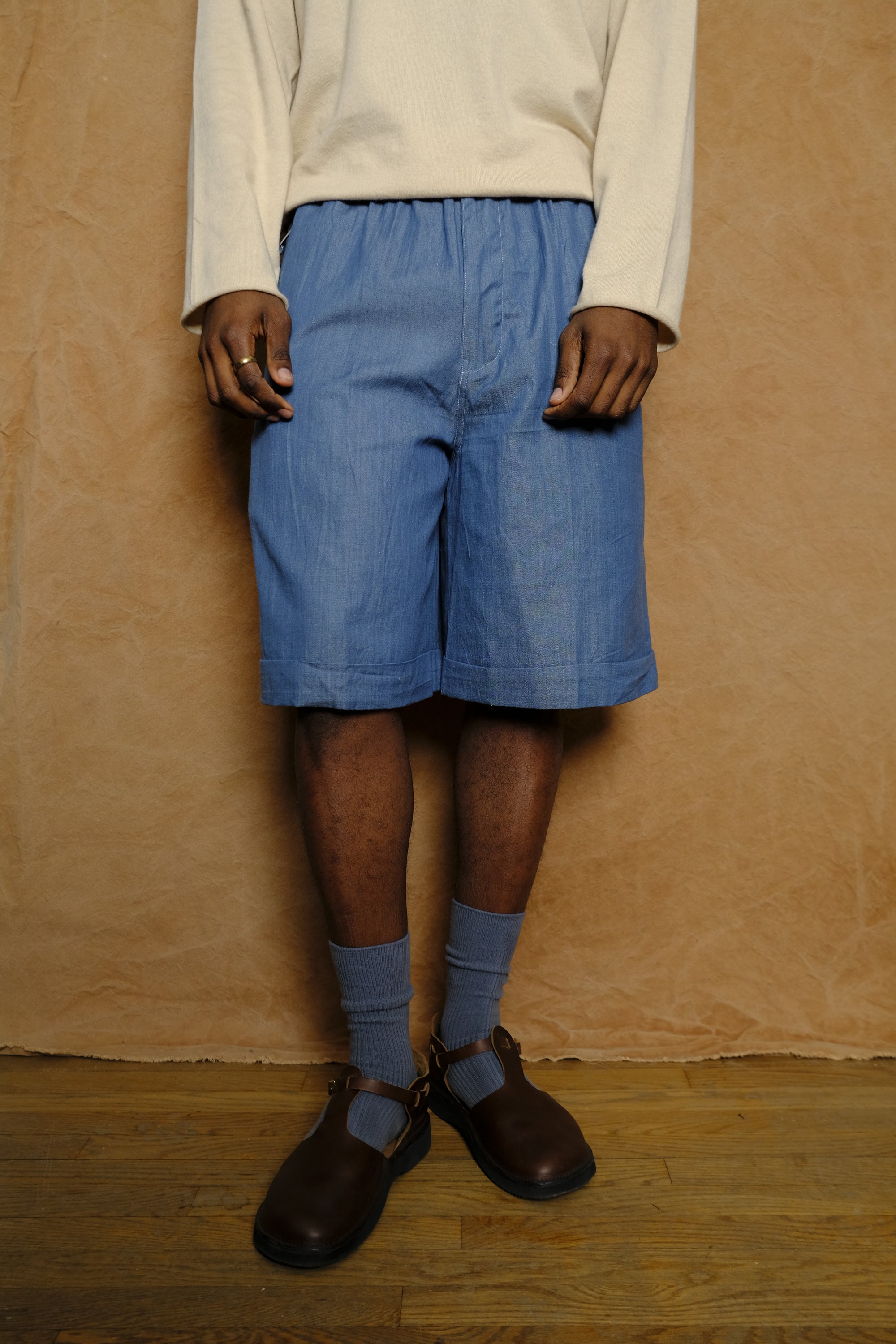 wide shorts in indigo contrast stitched hand loomed cotton