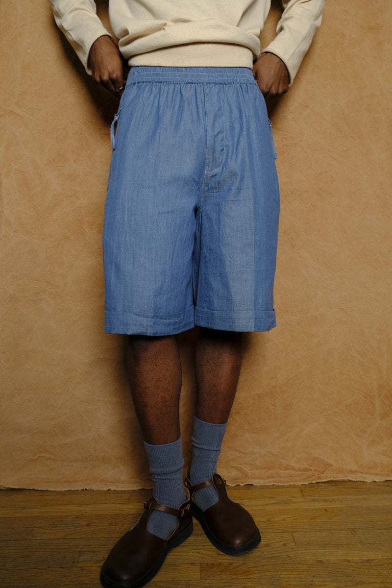 wide shorts in indigo contrast stitched hand loomed cotton