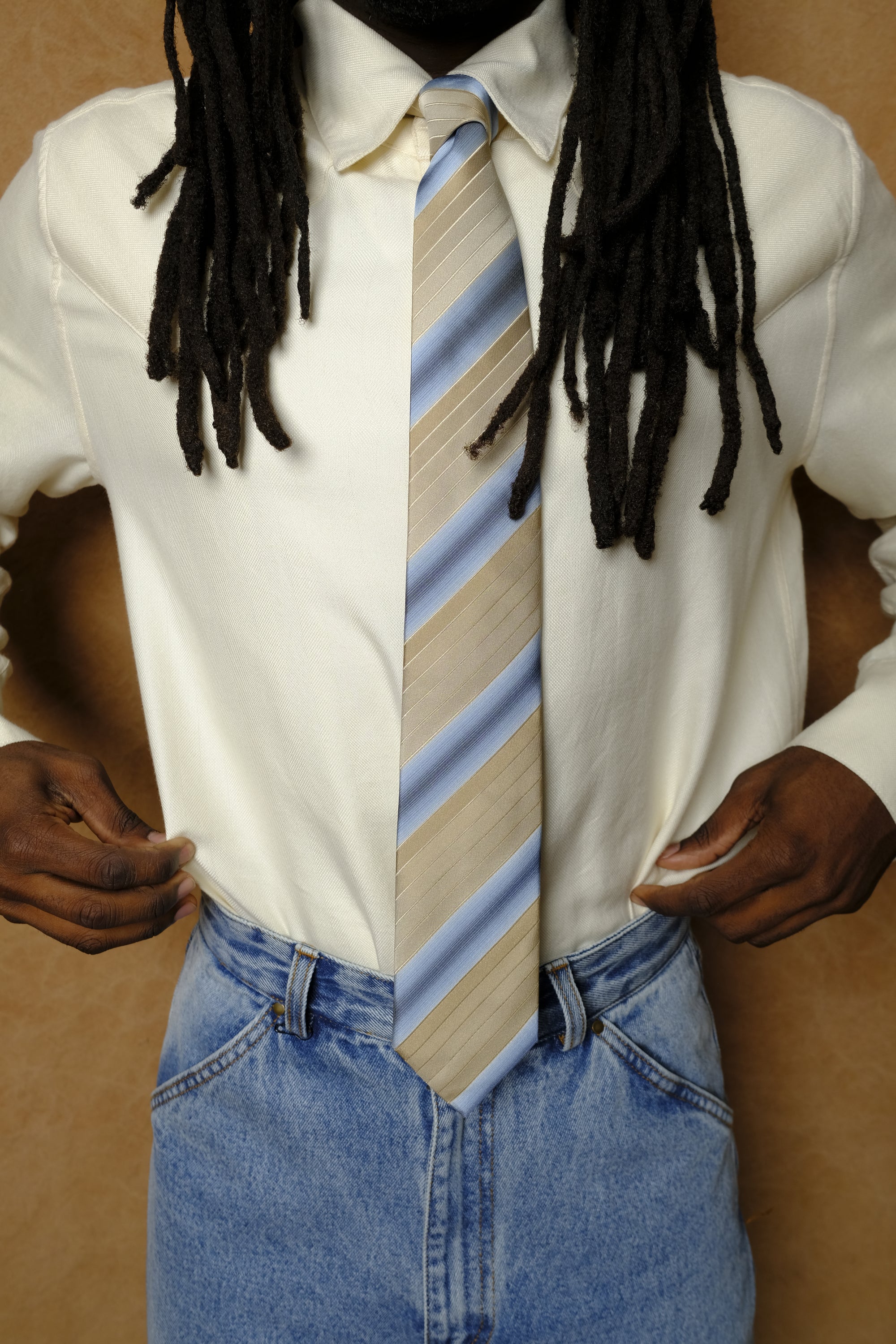 silk necktie in tan/baby blue stripe
