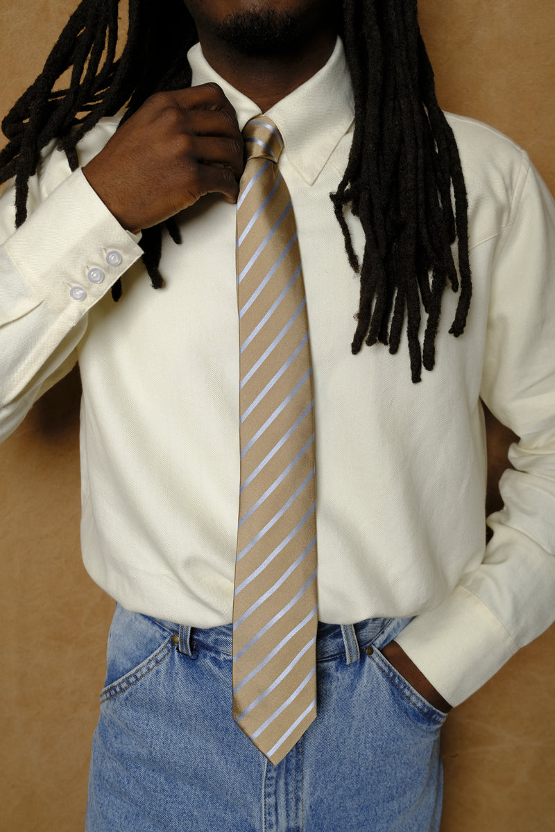 silk necktie in sky/bronze stripe