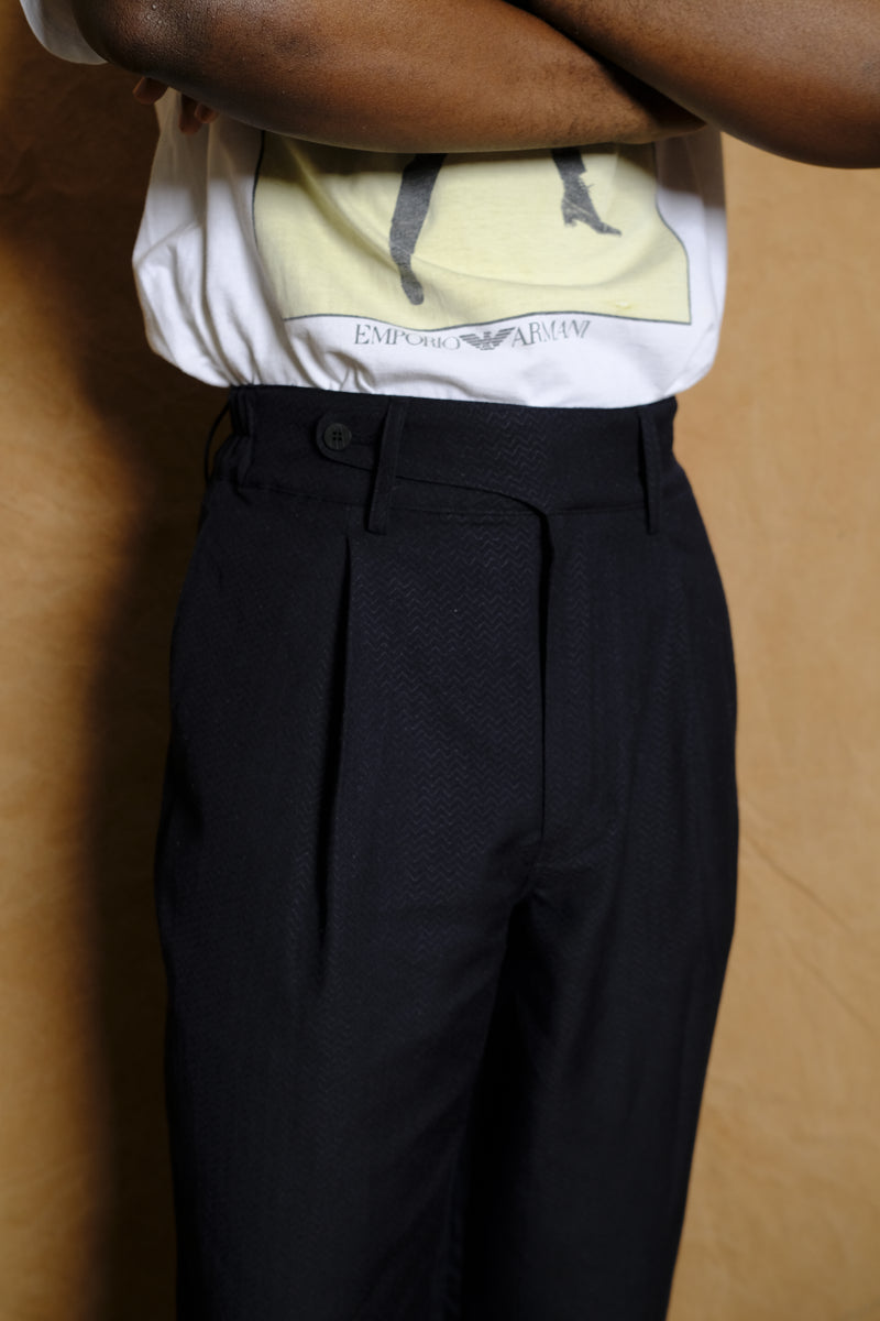 wool linen wide waist banded trousers