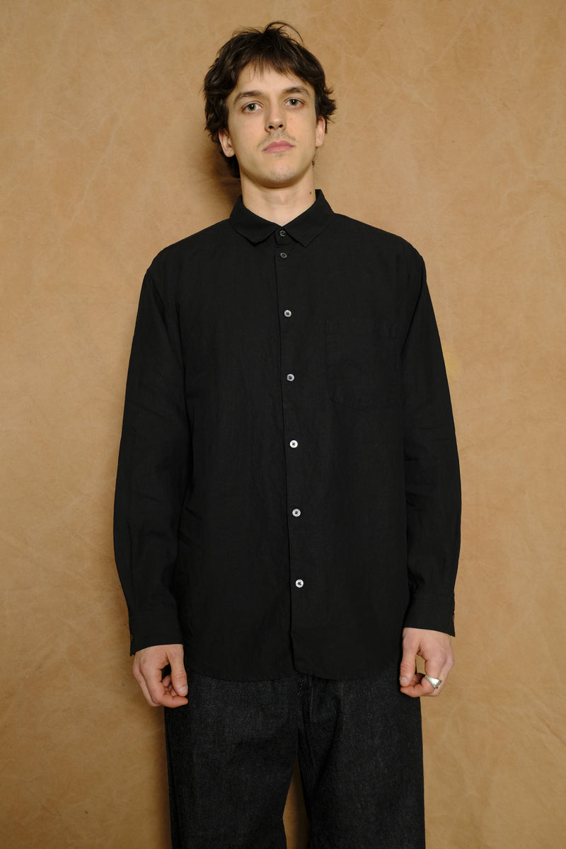 high count linen regular collar shirt in black