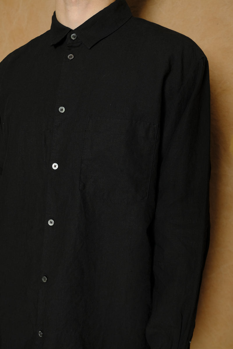 high count linen regular collar shirt in black