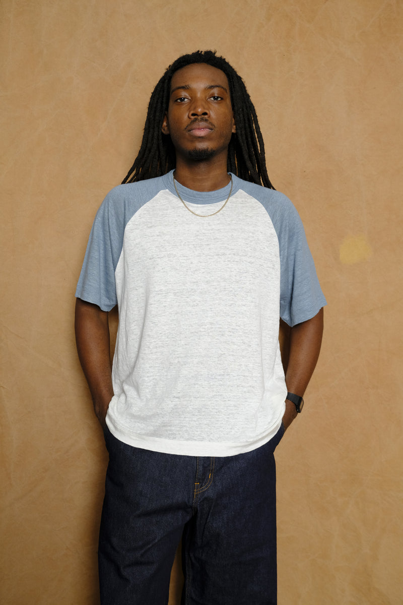 linen raglan sleeve shirt in blue