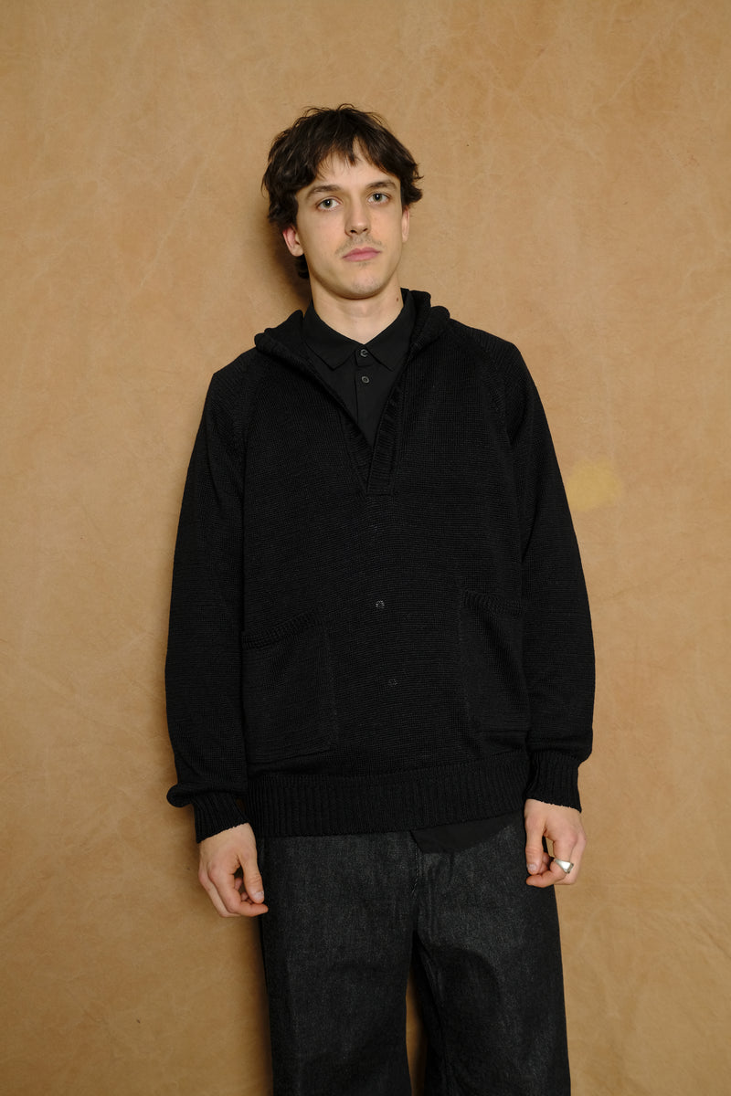 linen knit hoodie in black