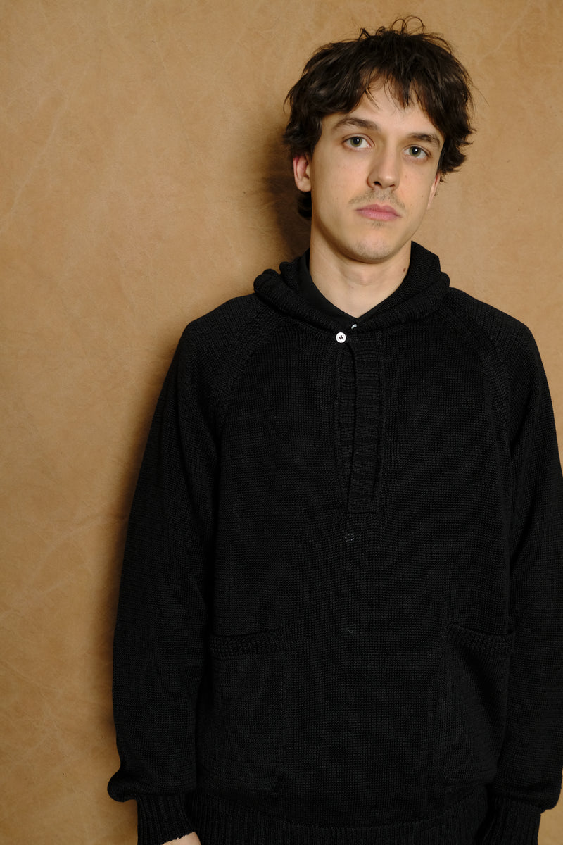 linen knit hoodie in black