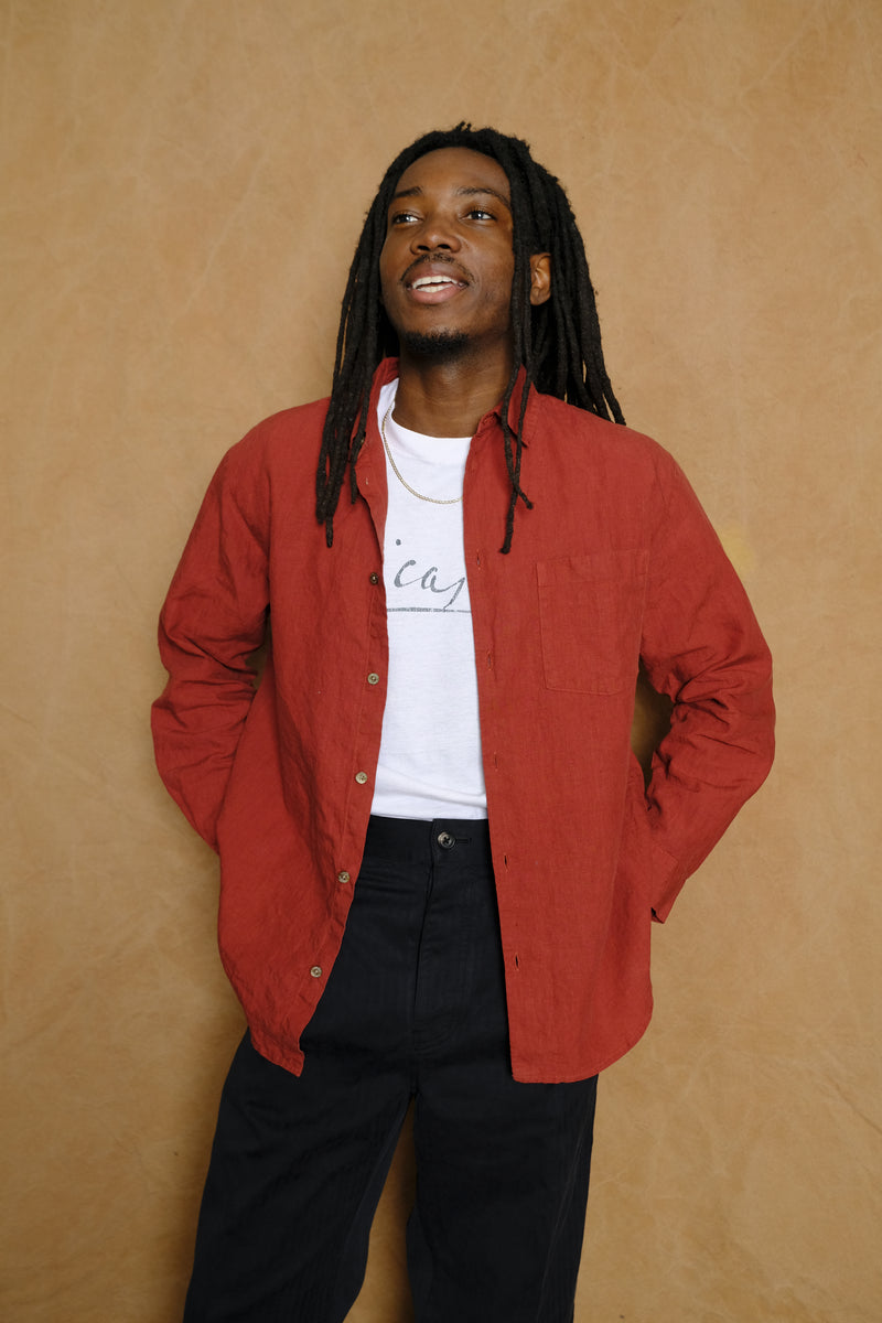 high count linen regular collar shirt in dark red