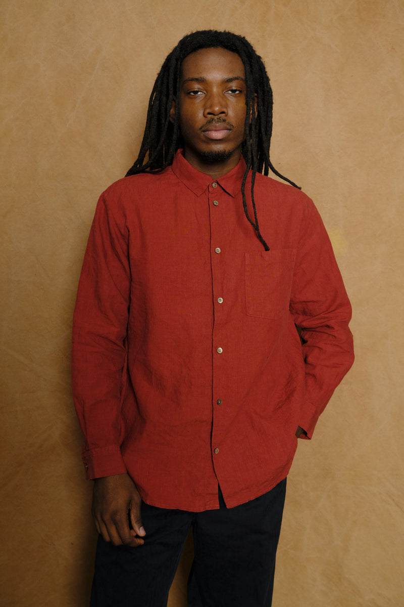 high count linen regular collar shirt in dark red
