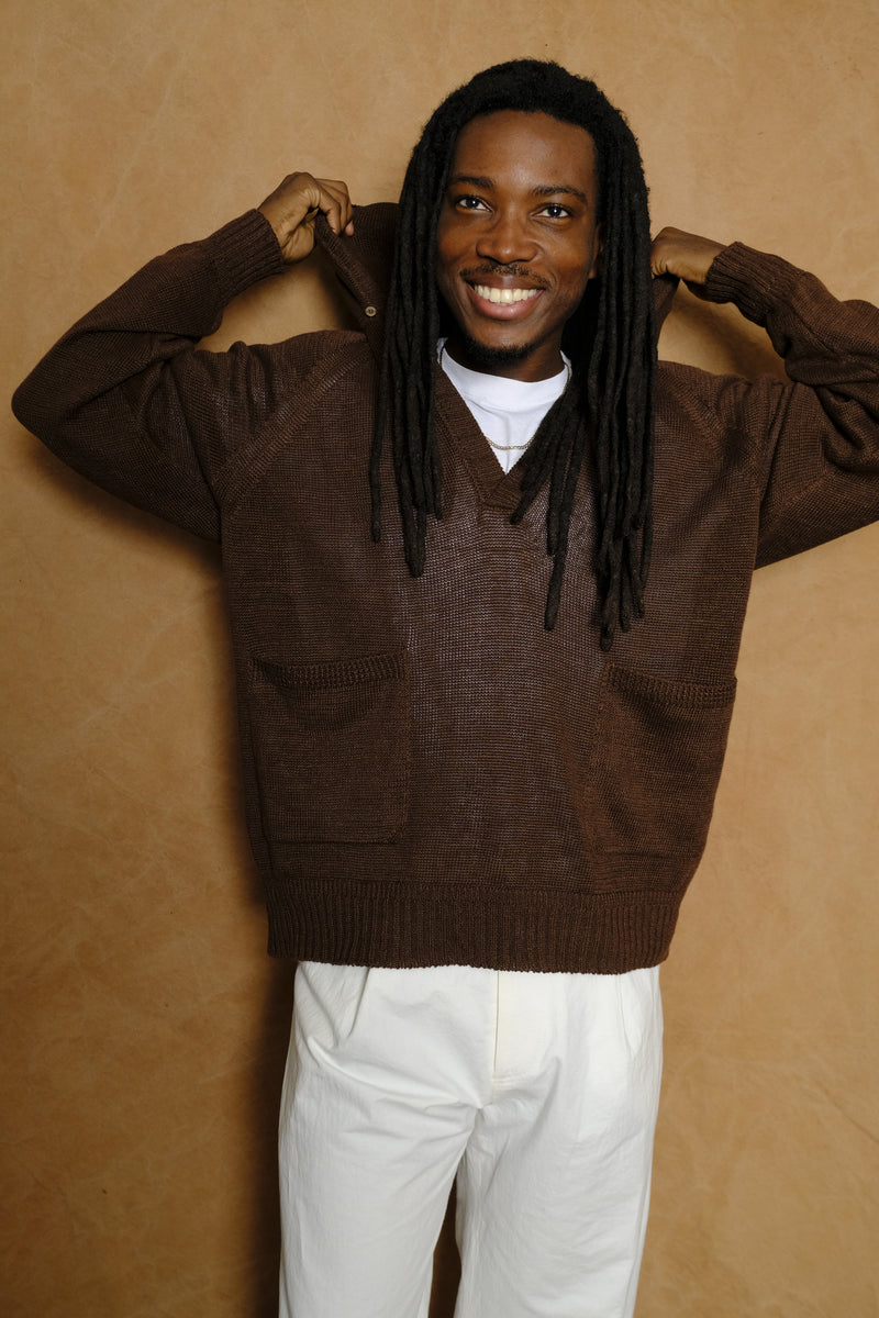 linen knit hoodie in dark brown