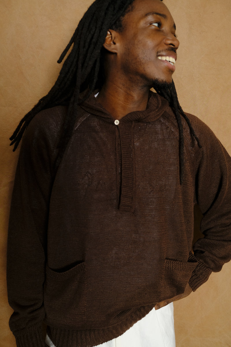 linen knit hoodie in dark brown