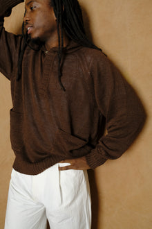 linen knit hoodie in dark brown