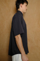 organic cotton washer satin short sleeve shirt in navy