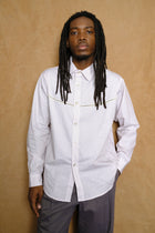 crochet vent shirt in maroon striped poplin