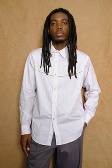 crochet vent shirt in maroon striped poplin