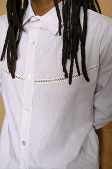 crochet vent shirt in maroon striped poplin
