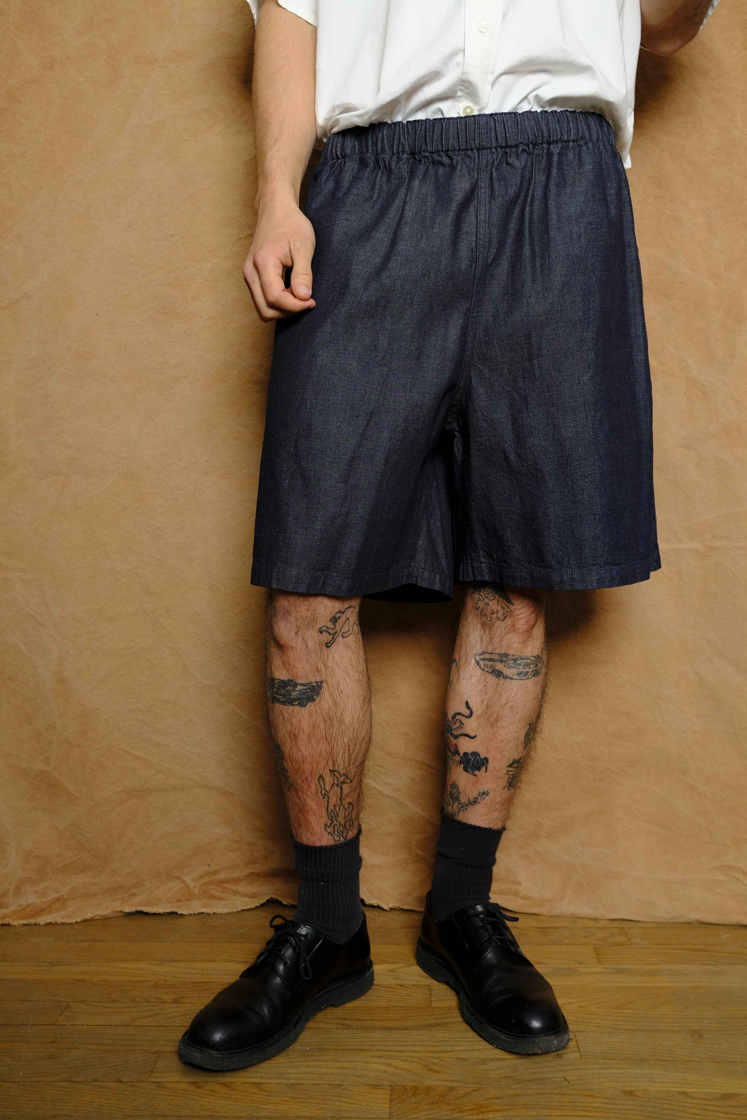 organic cotton light denim shorts in navy