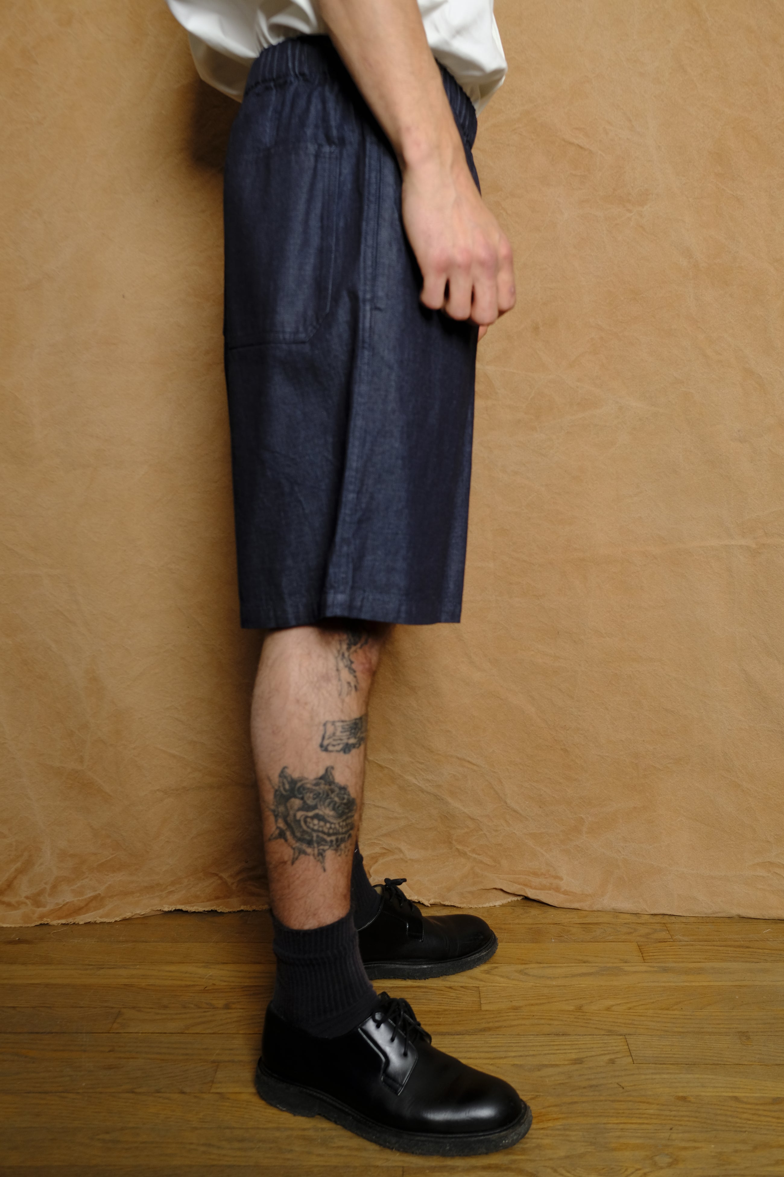 organic cotton light denim shorts in navy