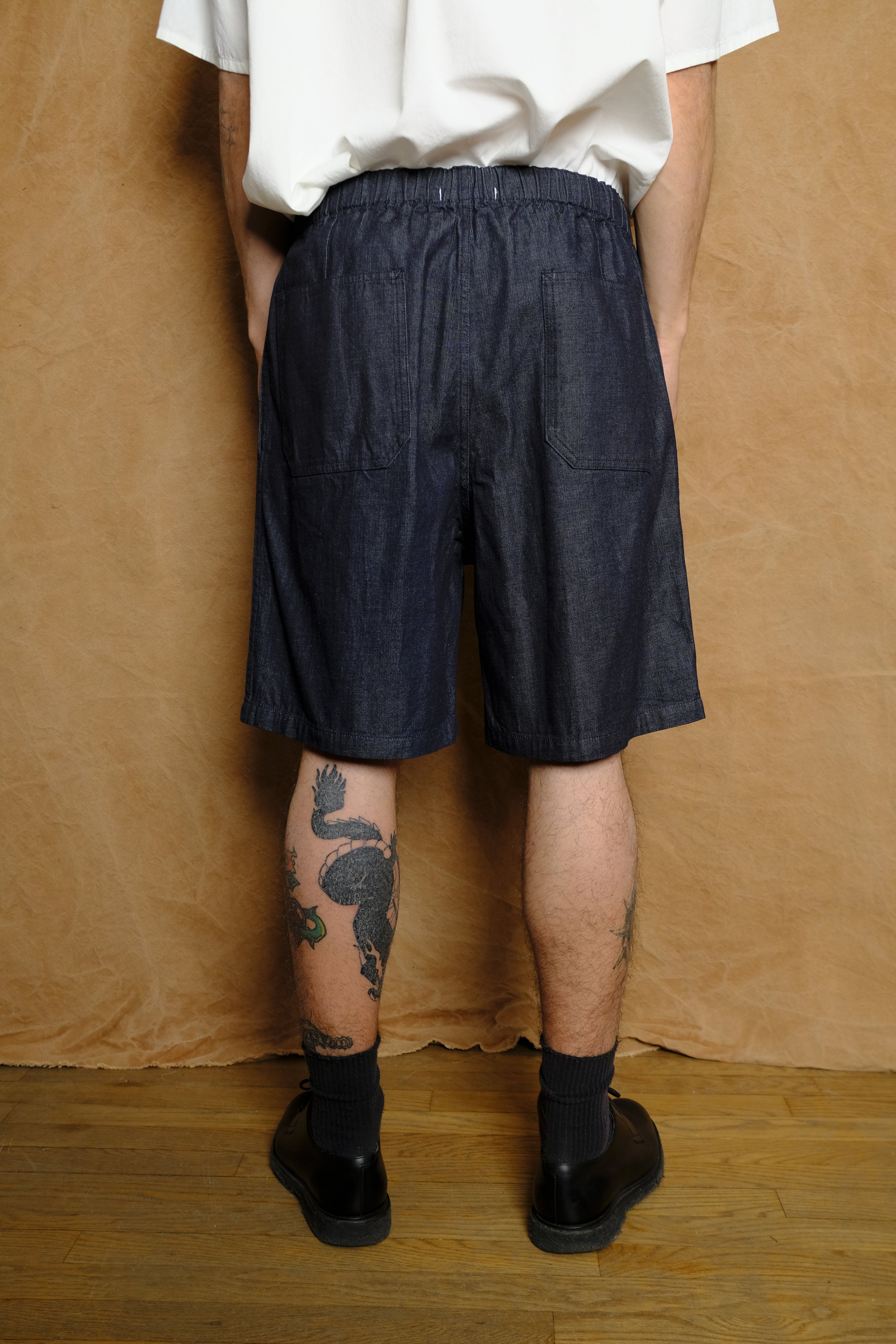 organic cotton light denim shorts in navy