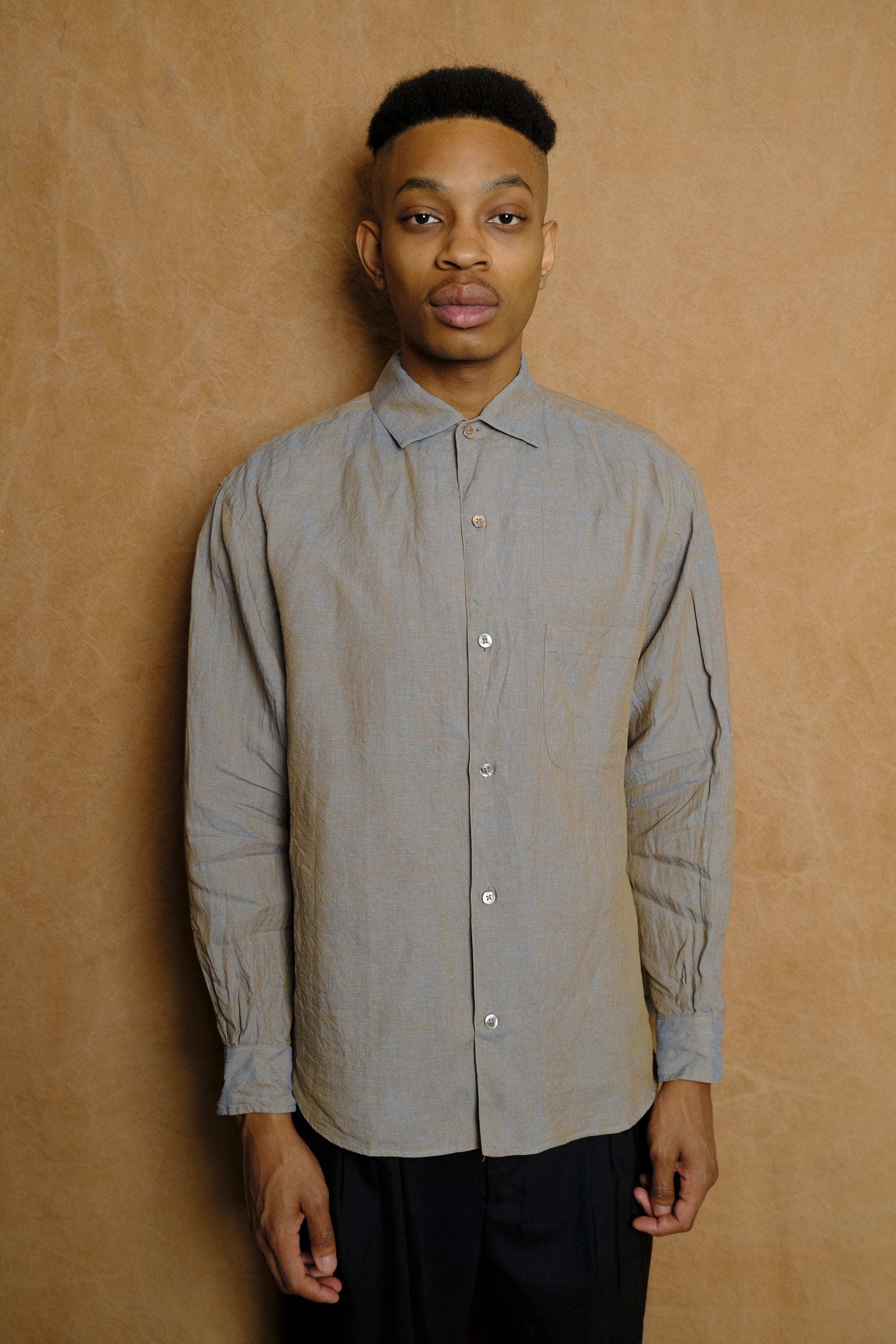 italian collar long sleeve shirt in brown hemp