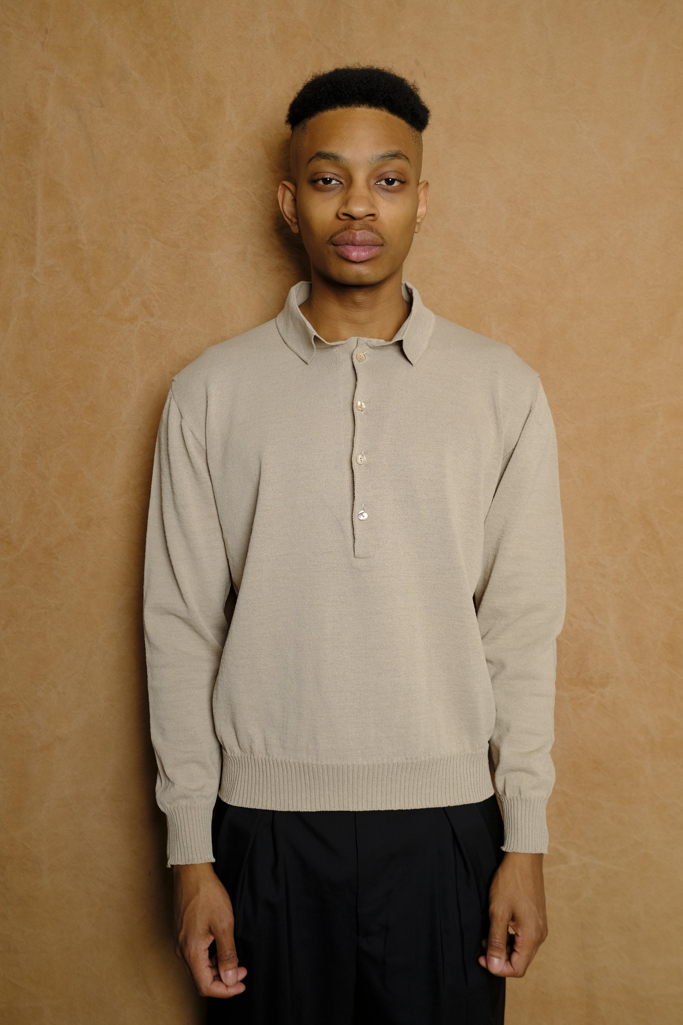 draped placket polo shirt in beige