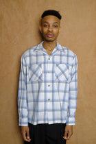 open collar long sleeve shirt in blue cotton/rayon