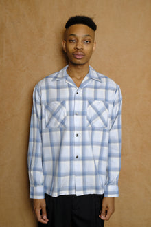 open collar long sleeve shirt in blue cotton/rayon