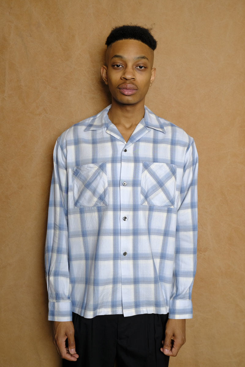 open collar long sleeve shirt in blue cotton/rayon